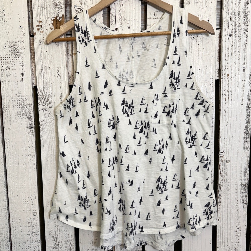 Merona Nautical Tank Top Women Large Black White Sailboat Cotton Slub Pocket